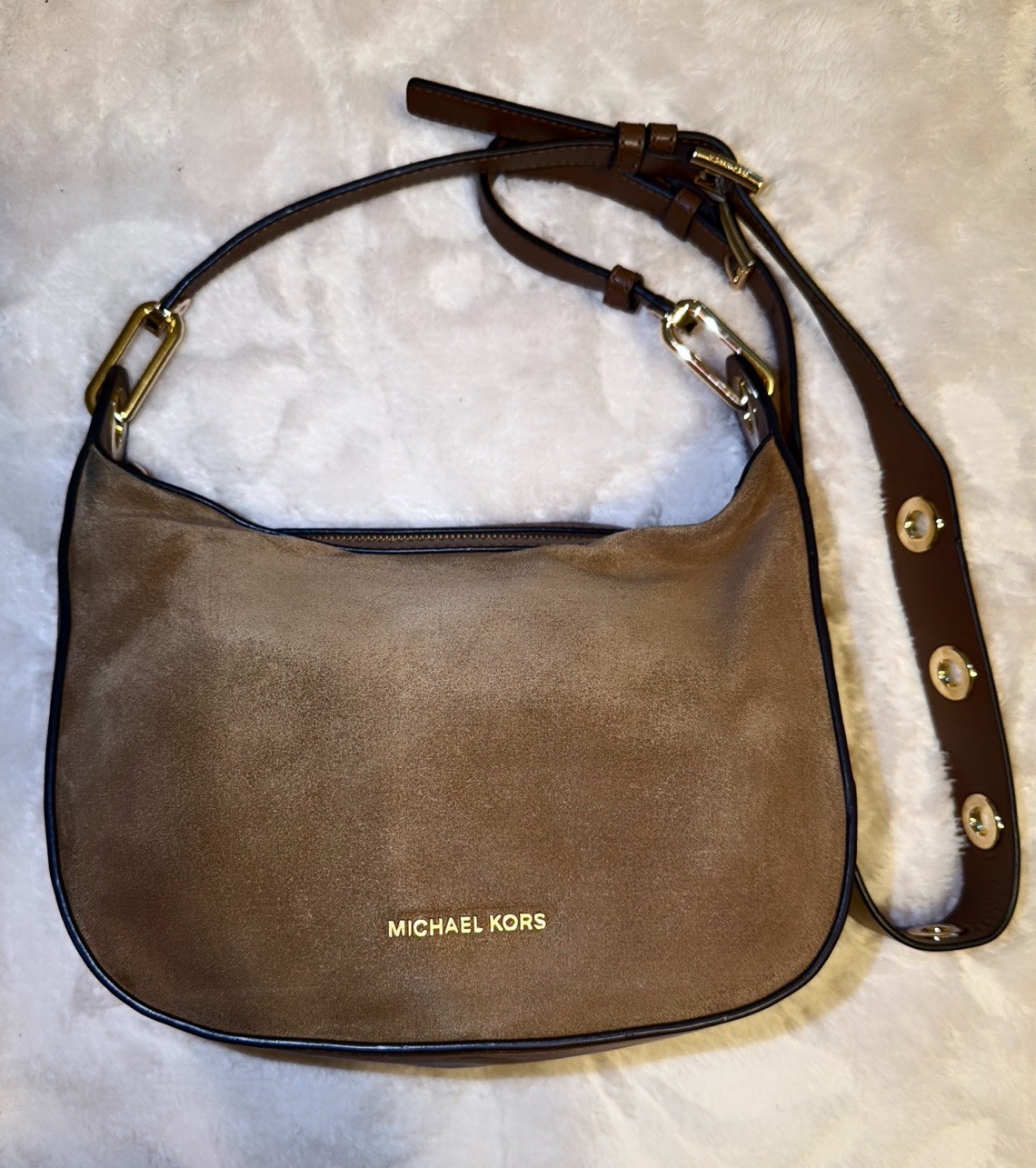 G RP $298 Michael Kors Raven Pebbled Leather Shoulder Bag Brown Handbag Suede