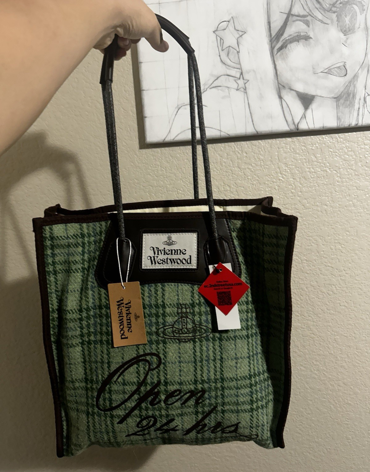 Vivienne Westwood Elena Folded Shopper Green Tartan Tote Medium Strap