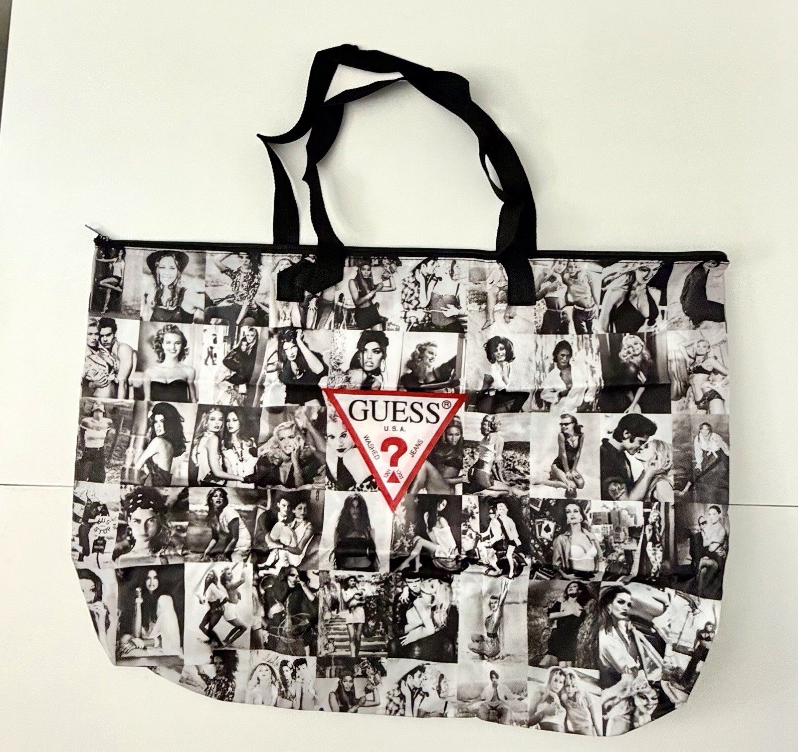 X-Large GUESS Black & White Photo Collage XL Jumbo Tote Bag Zipper NEW