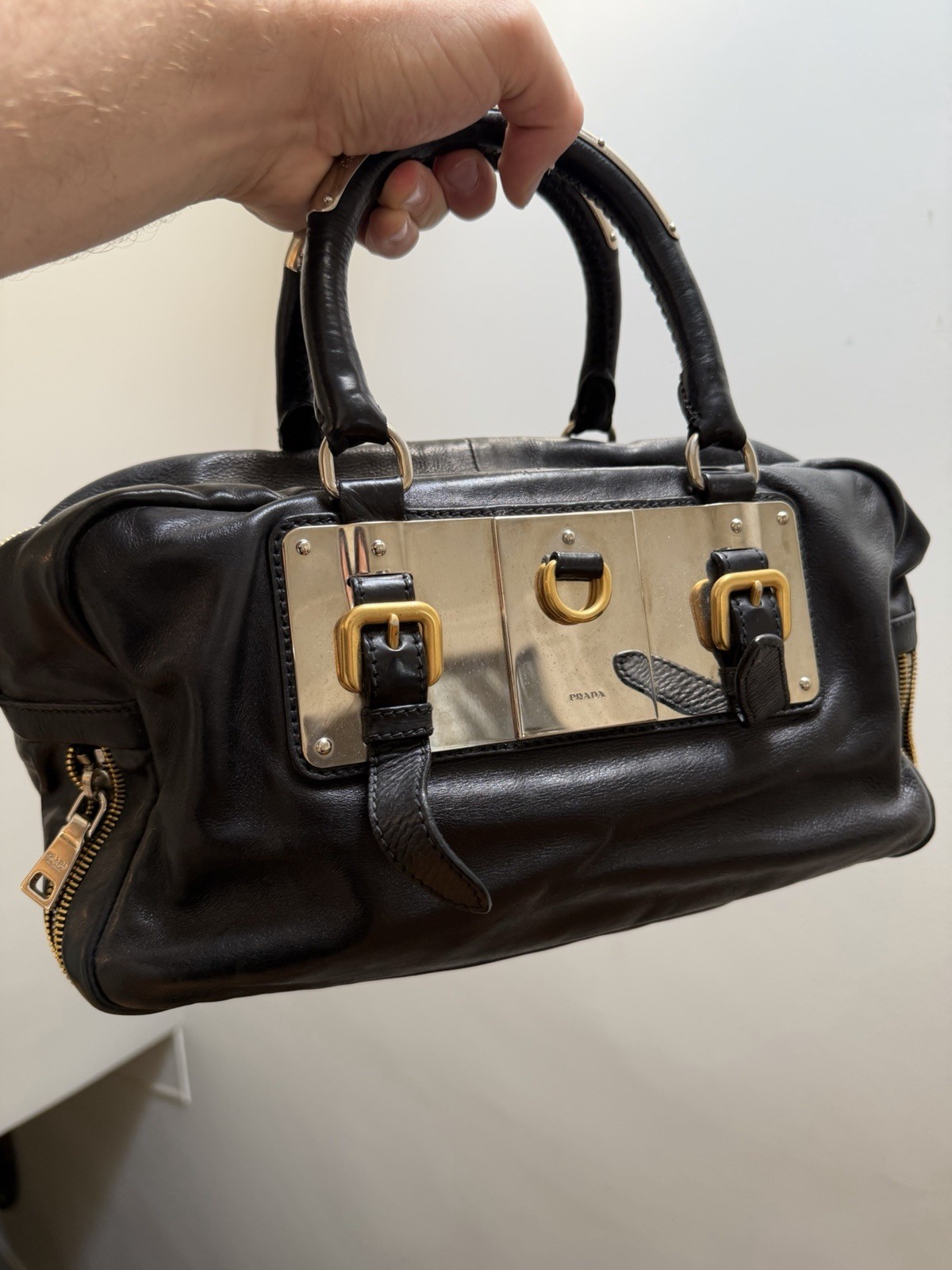 PRADA Black Top Handle Bag Gold Hardware Lock Buckle Accents Zip Closure
