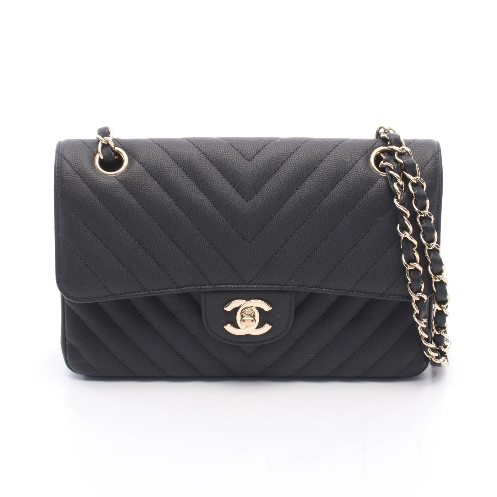 Chanel Chevron V Stitch W Shoulder Bag Black Leather #RCB13871