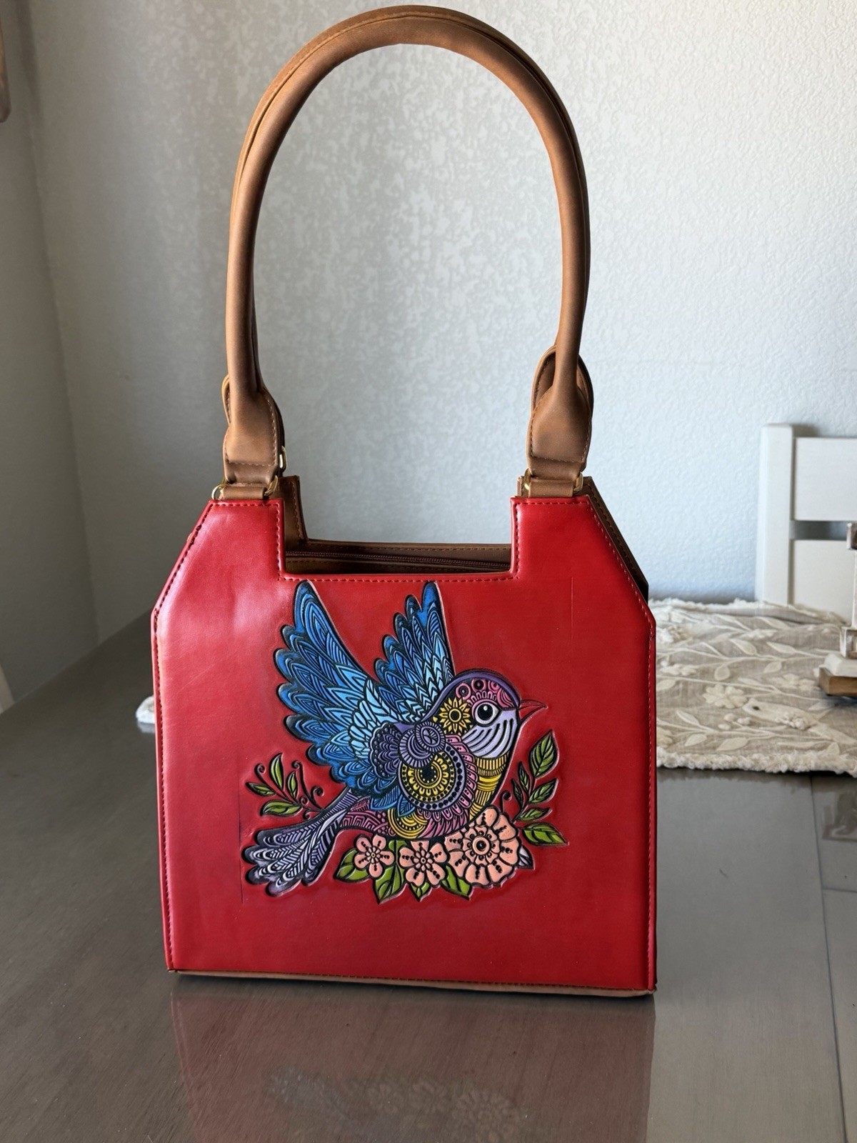 Women’s Red/Brown Floral Bird Rectangle Satchel Zip Top Handle Gold Detach Strap