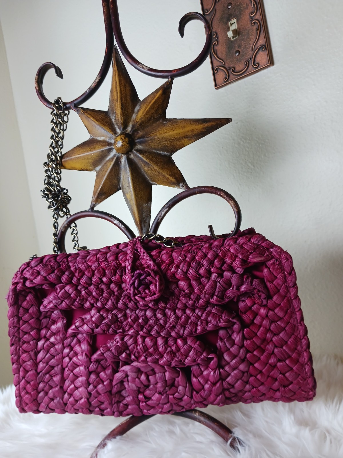 Fuchsia Braided Woven Shoulder Bag with Chain Detachable Strap Accent