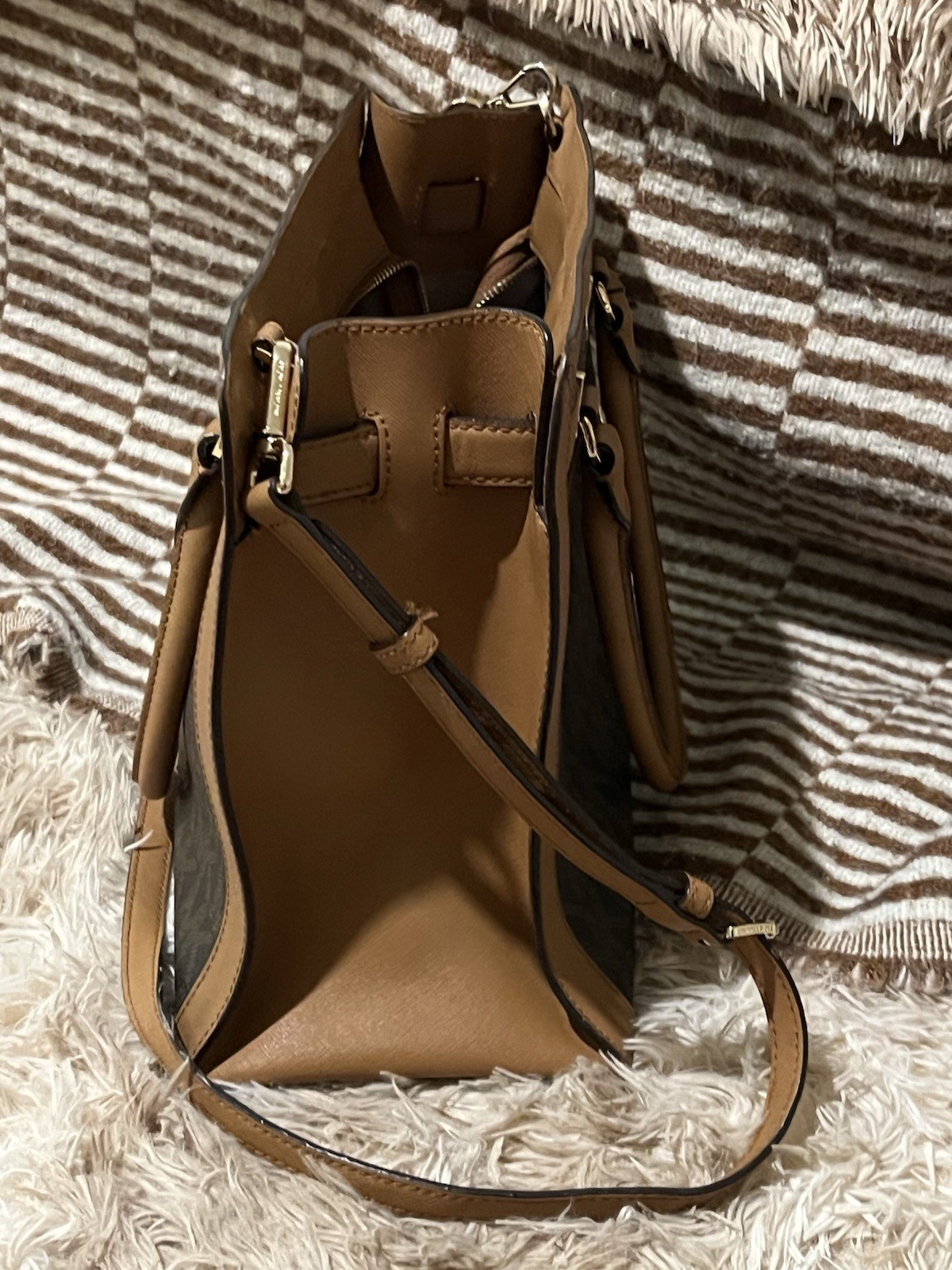 Michael Kors Brown Signature Monogram Satchel Crossbody Bag Gold Hardware