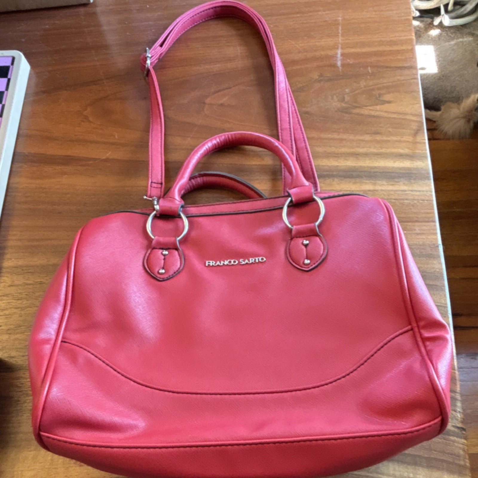 Franco Sarto Red Satchel Top Handle Bag Zip Zipper Stitching Metal Rings Women