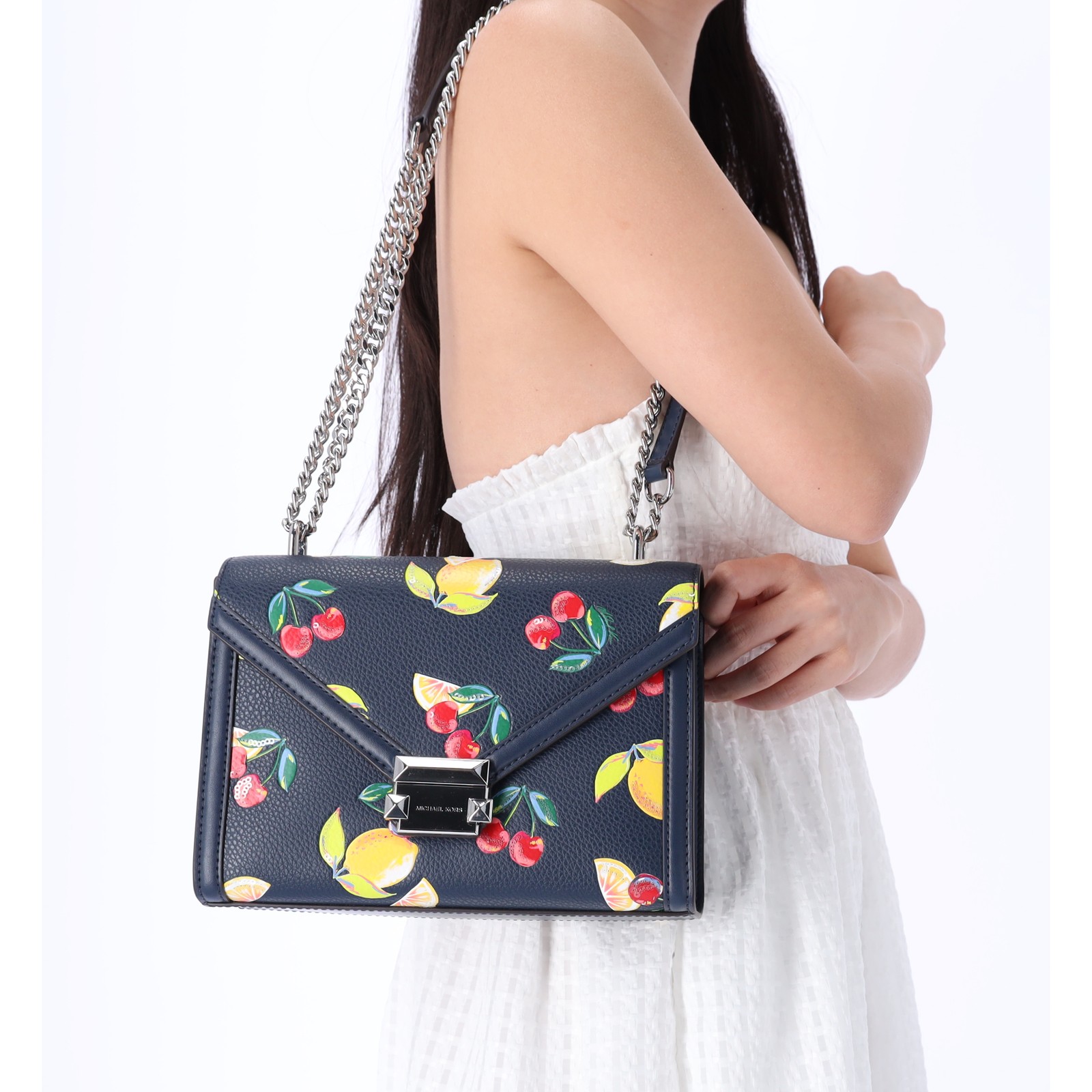 Michael Kors Whitney Medium Flap Shoulder Bag Fruit Print Navy Multi