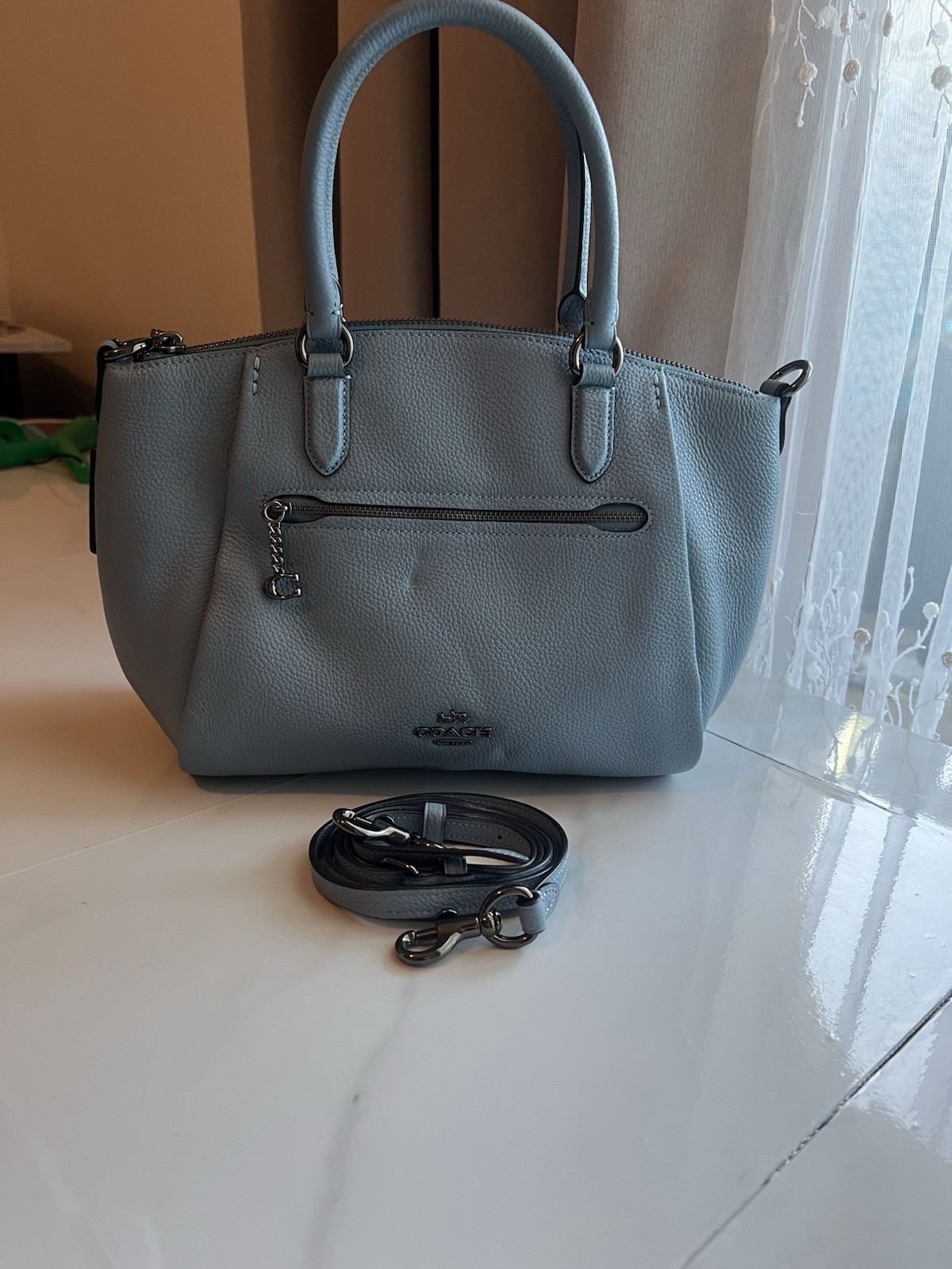 Coach V5/Aqua Elise Polished Pebble Leather Satchel