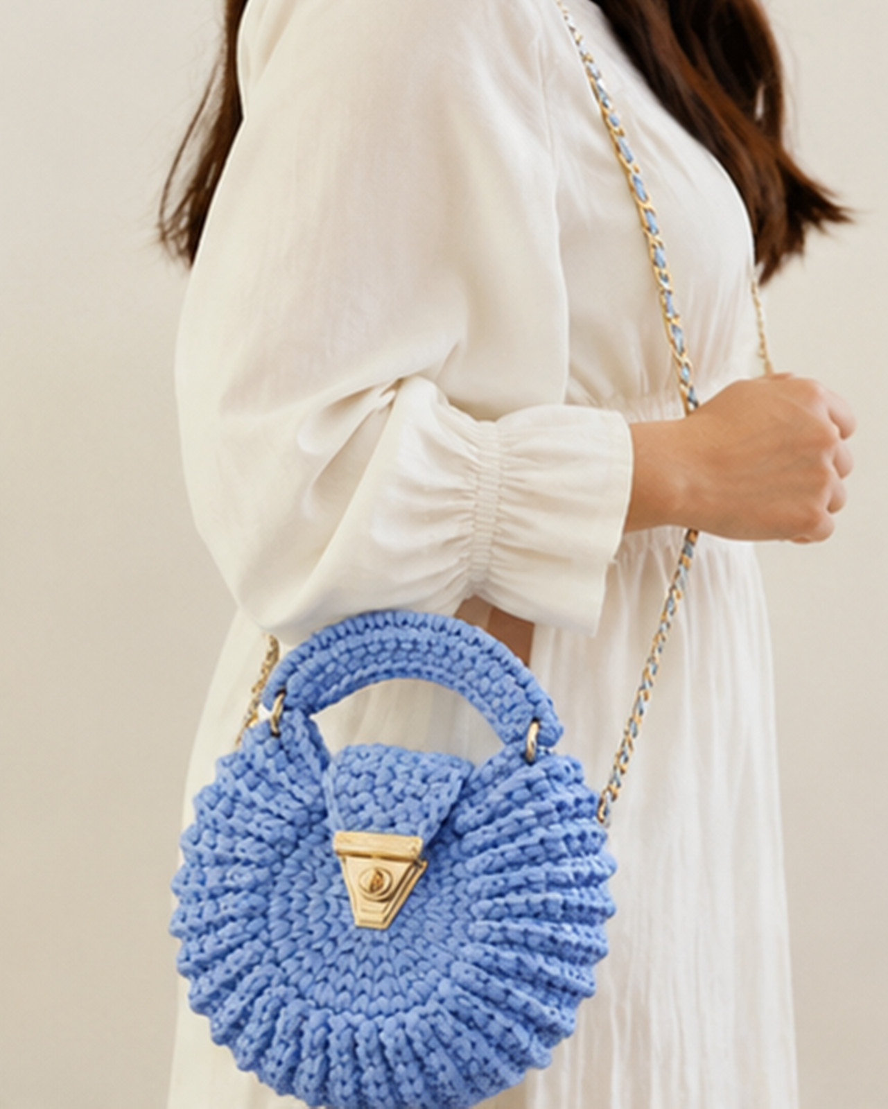 Cornflower Blue Crochet Crossbody Bag, Round Knit Purse with Gold Chain