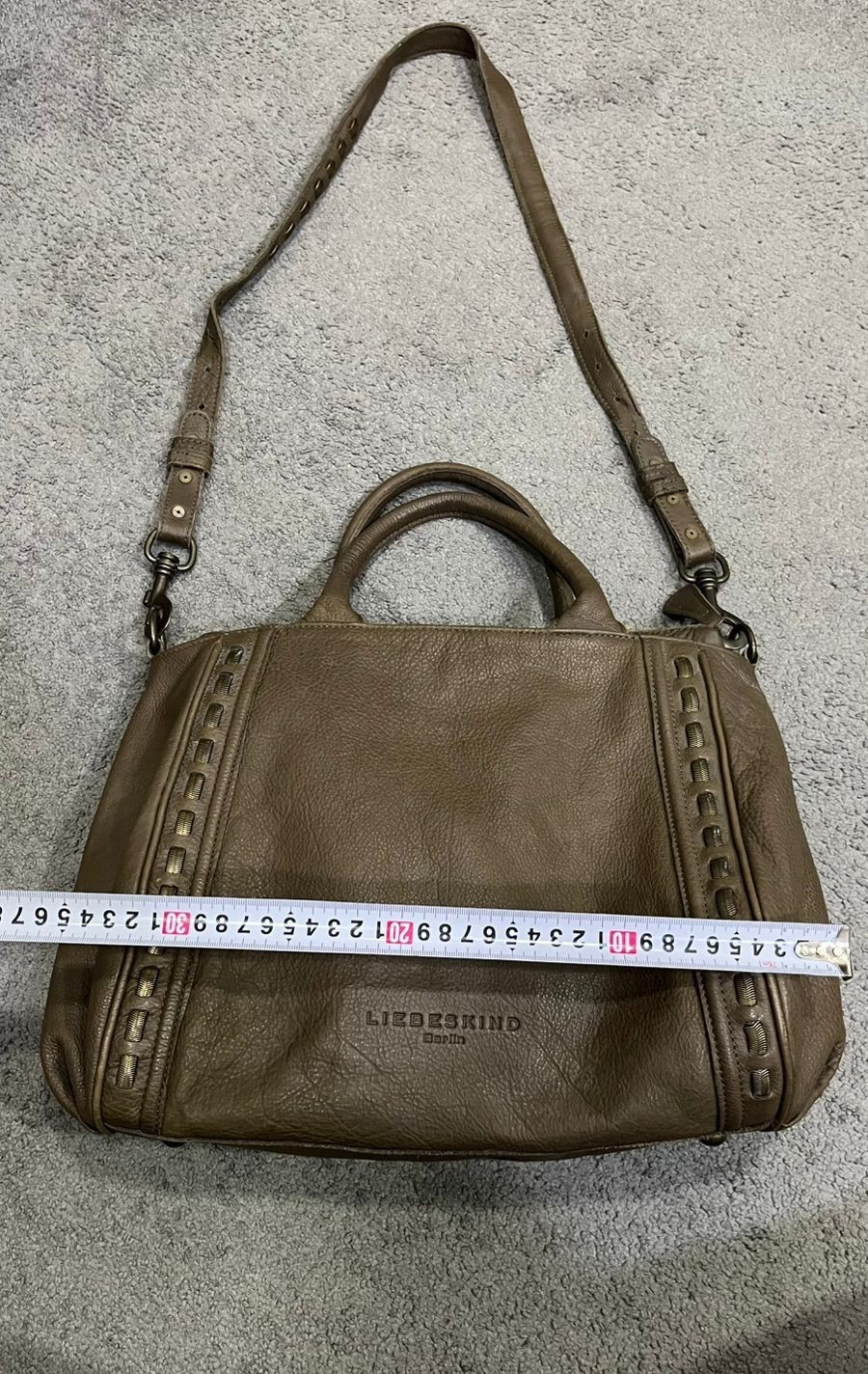 Liebeskind Berlin Taupe Olive Pebbled Leather Satchel Whipstitch Crossbody Bag