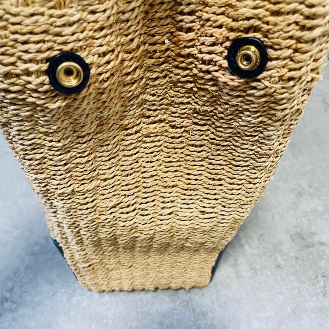 Tory Burch Ella Straw Tote Bag Large Woven Raffia Leather Navy 17.3×12.2×5.9in