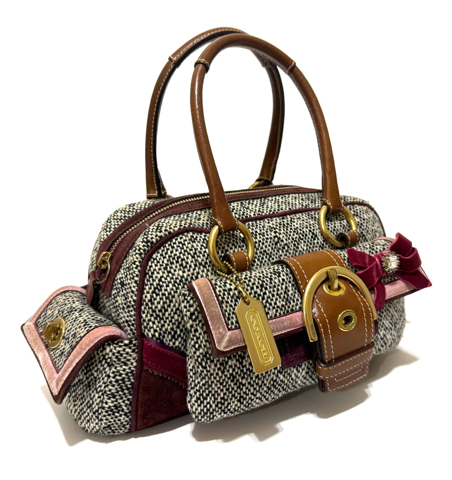 RARE COACH LTD VINTAGE Y2K SOHO TWEED SUEDE SWAROVSKI BOW TOTE BAG SATCHEL 8F03