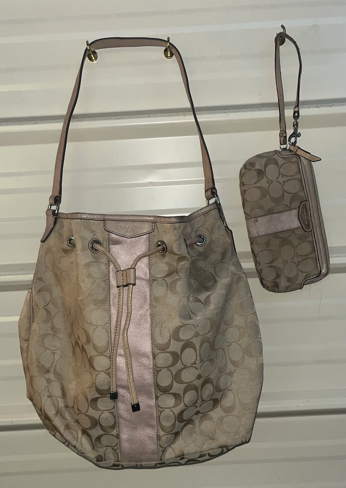 Coach Beige Pink Monogram Bucket Shoulder Bag Drawstring, Zip Wristlet, Gold