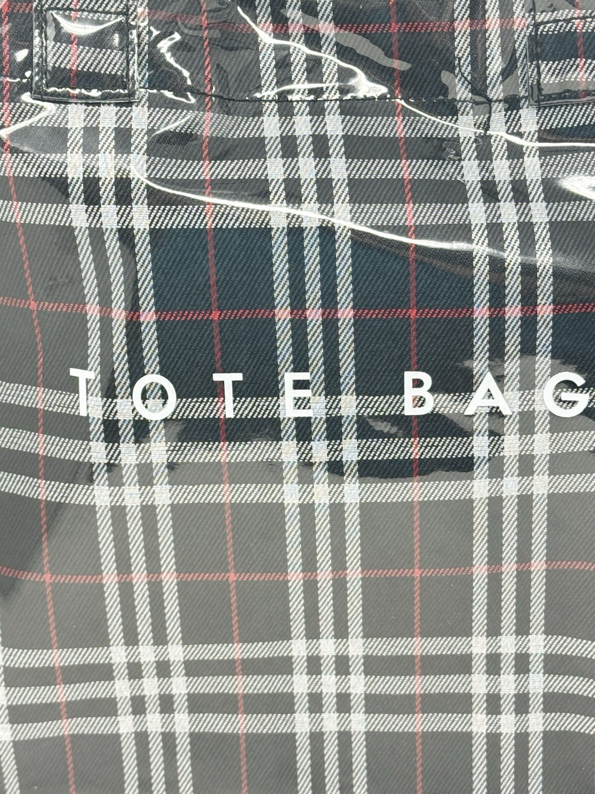 PVC Coated Tote Bag Plaid Black White Red 13.5in x 11.5in