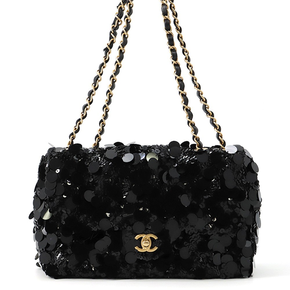 CHANEL Matelasse Sequins Shoulder Bag Size 25 Lambskin/Satin/Sequins Black A…