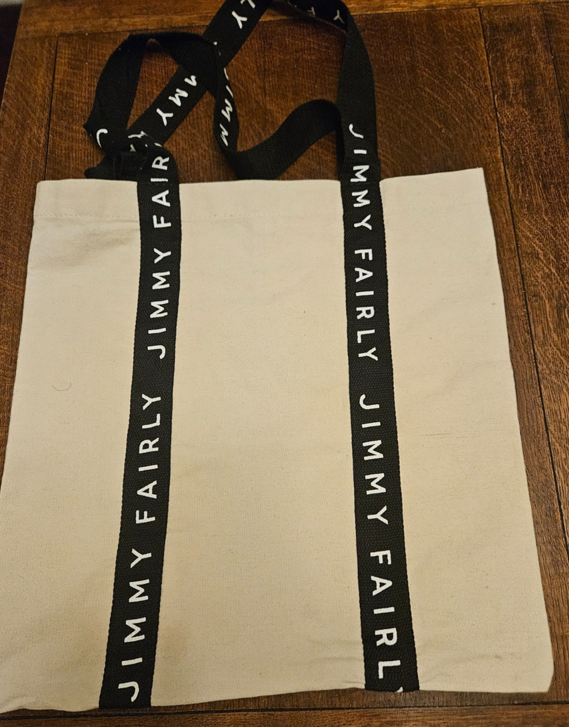 Jimmy Fairly Canvas Tote Bag With Black Text Straps 16.5″ x 16.5″ Inside Pocket