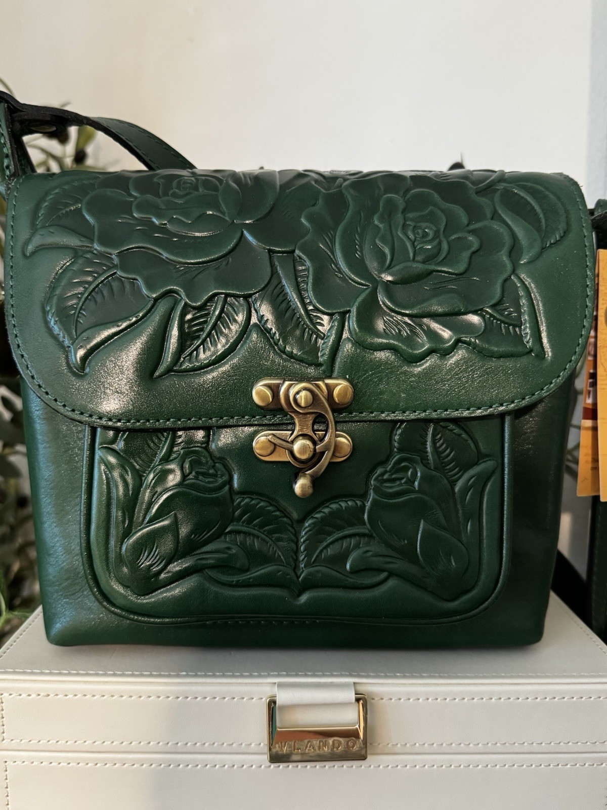 Patricia Nash Leandra Flap Crossbody Bag – Soft Green Rose Tooled Leather – NWT