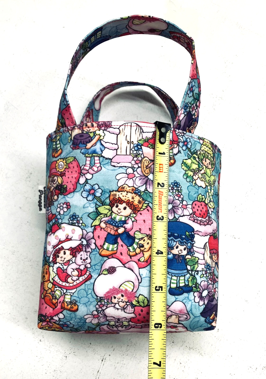 Handmade Fabric Lined Mini Tote Bag/Gift Bag Blue Strawberry Shortcake Print New