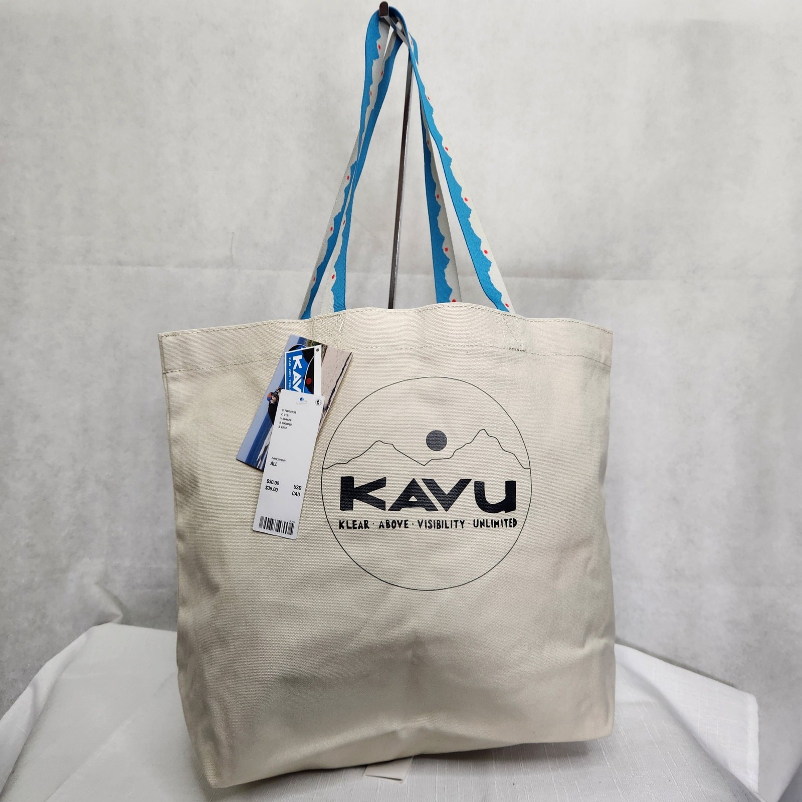 KAVU Typical Tote Bag Cotton Canvas Neutral Color Web Straps Blue
