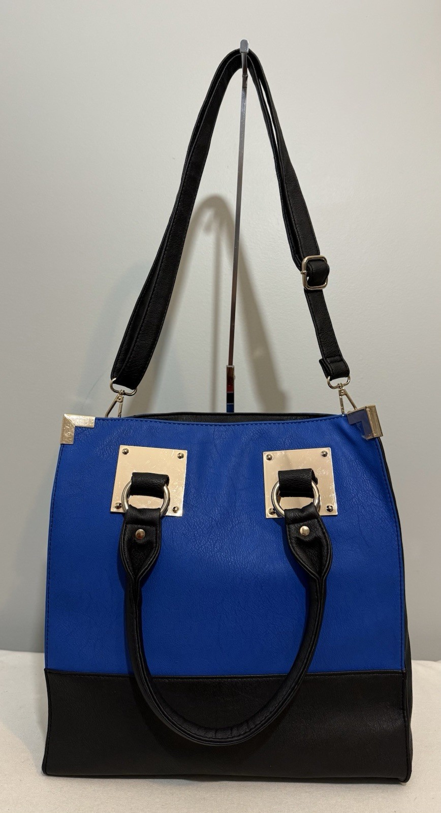 Blue Black Faux Leather Tote Bag Crossbody Purse Adjustable Shoulder Strap
