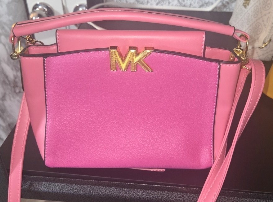 Michael Kors Pink Solid Logo Crossbody Bag Small Zip Gold Hardware Top Handle