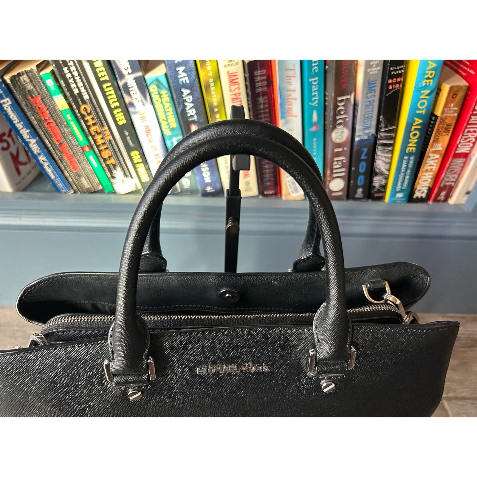Michael Kors Savannah Black Saffiano Leather Satchel Crossbody Silver Purse Tote