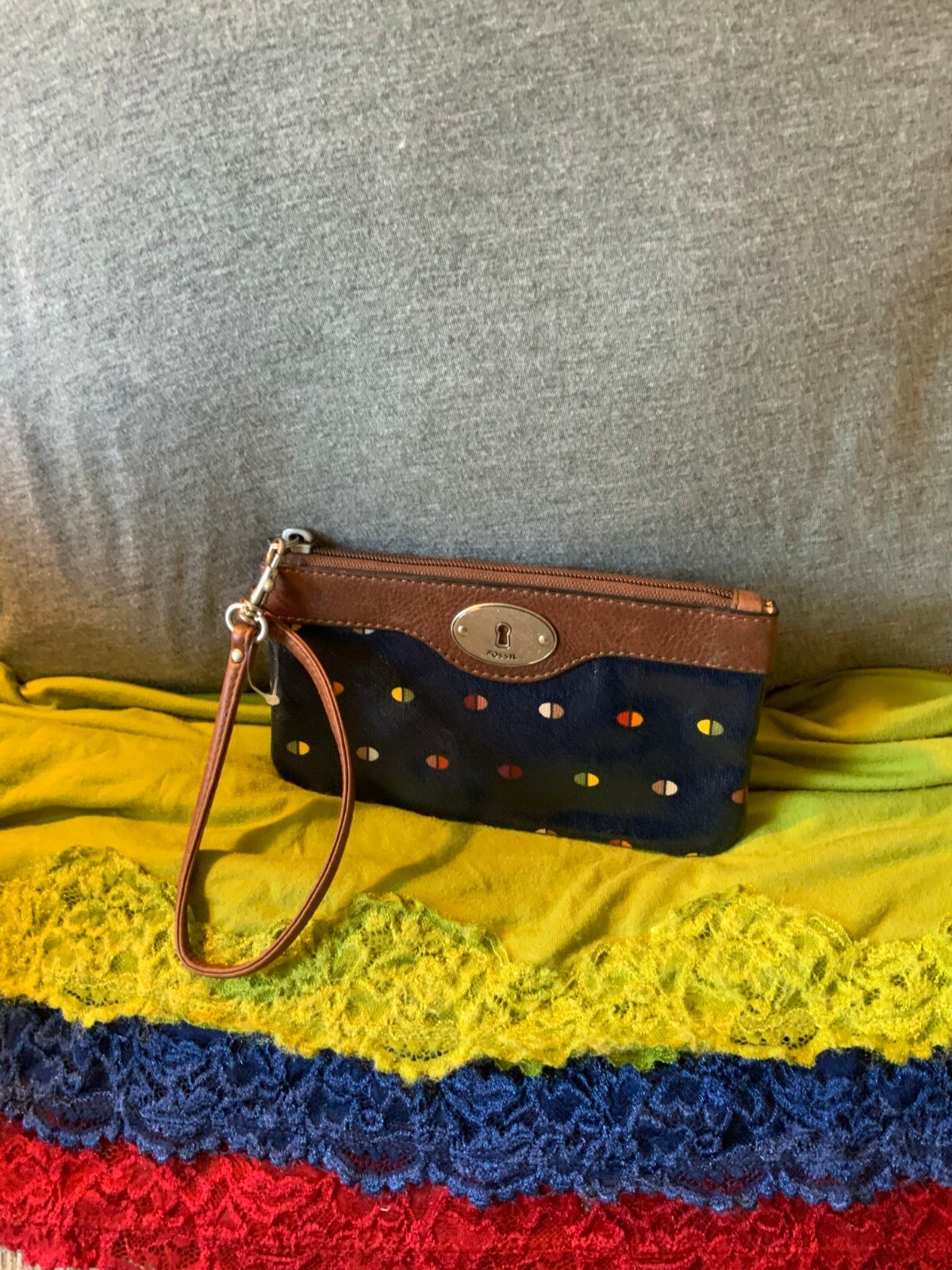 Fossil Navy Multi-Color Coated Canvas Leather Trim Credit Card Zip Wristlet