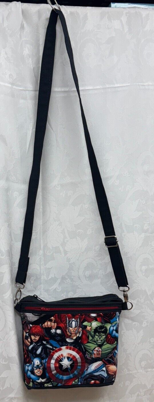 Avengers Crossbody Purse Bag Handmade Fabric Canavs Adjustable Strap, 3 pockets