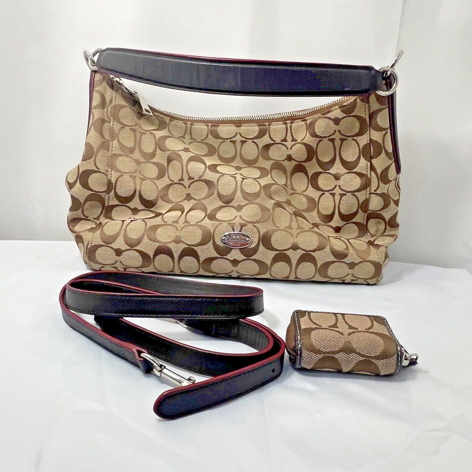 Coach Signature E/W Celeste Hobo Bag Red Accent Crossbody Strap Contact Case