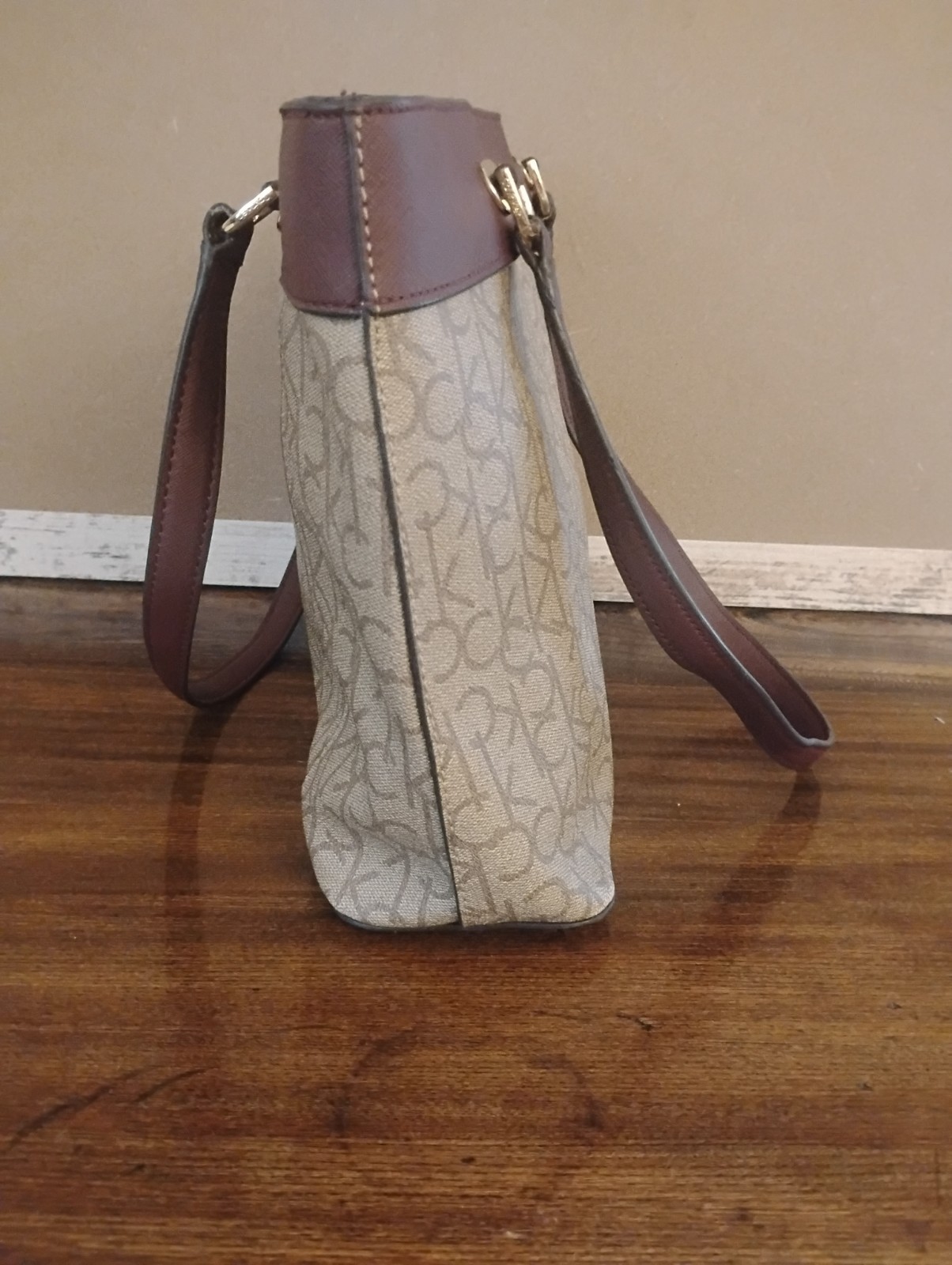 Calvin Klein Monogram Zip Top Shoulder Bag Beige/Brown, Lined, Inner Pockets