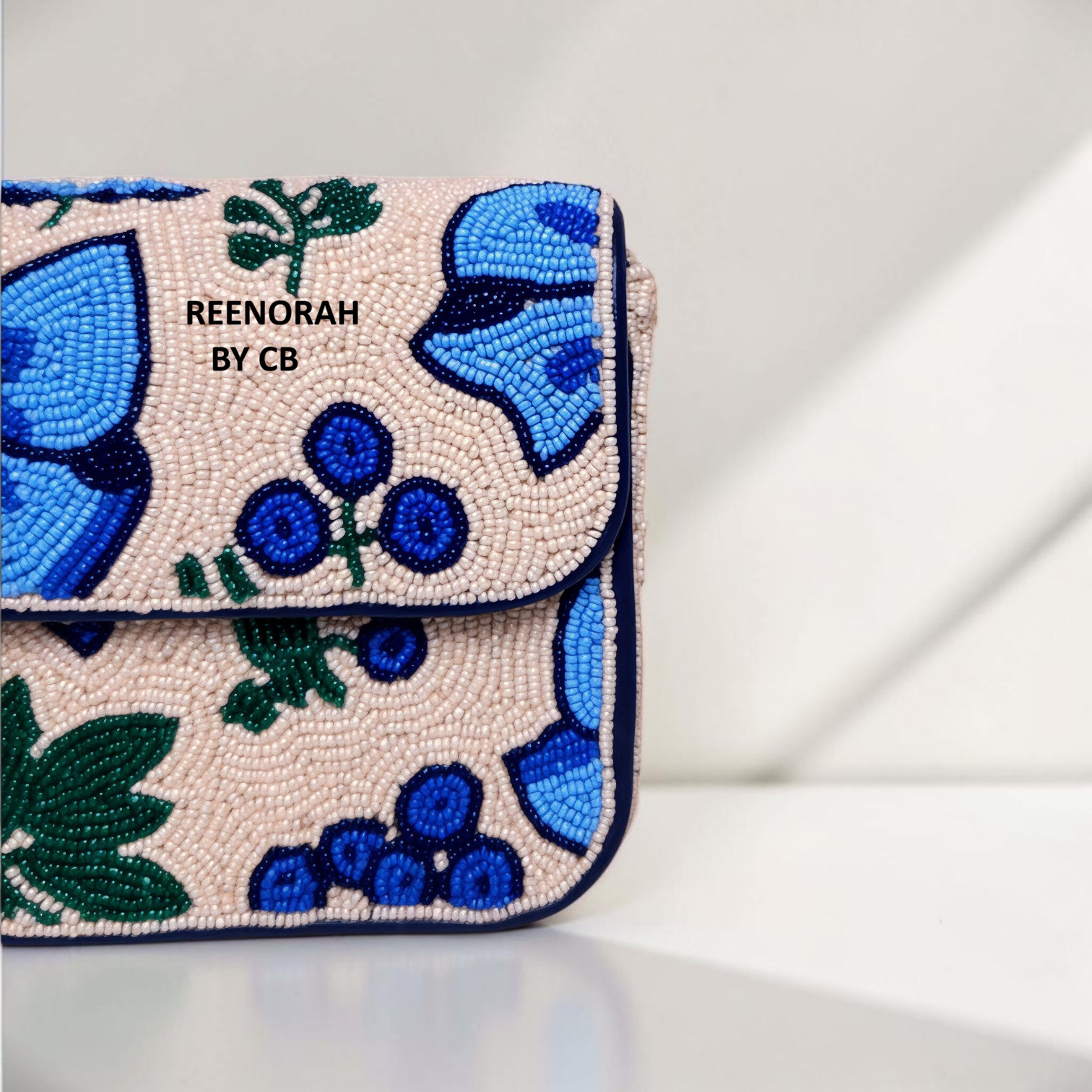 Handmade Blue Floral Beaded Shoulder Bag, Embroidered Canvas Purse