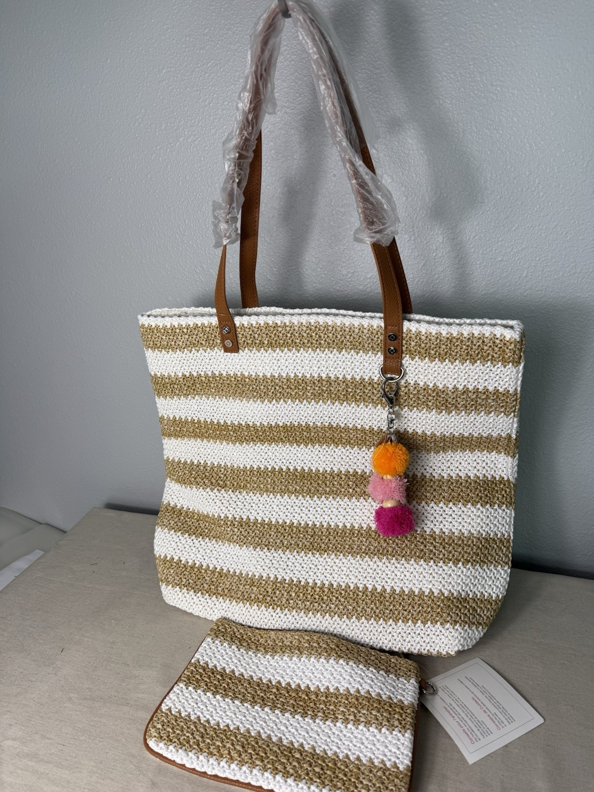 Thirty-One Around Town Tote in White Striped Straw With Rubie mini pouch