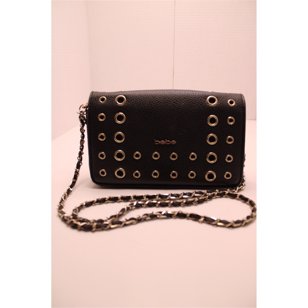 bebe Womens Mini Crossbody Clutch Black Grommet Studded Wallet-on-Chain