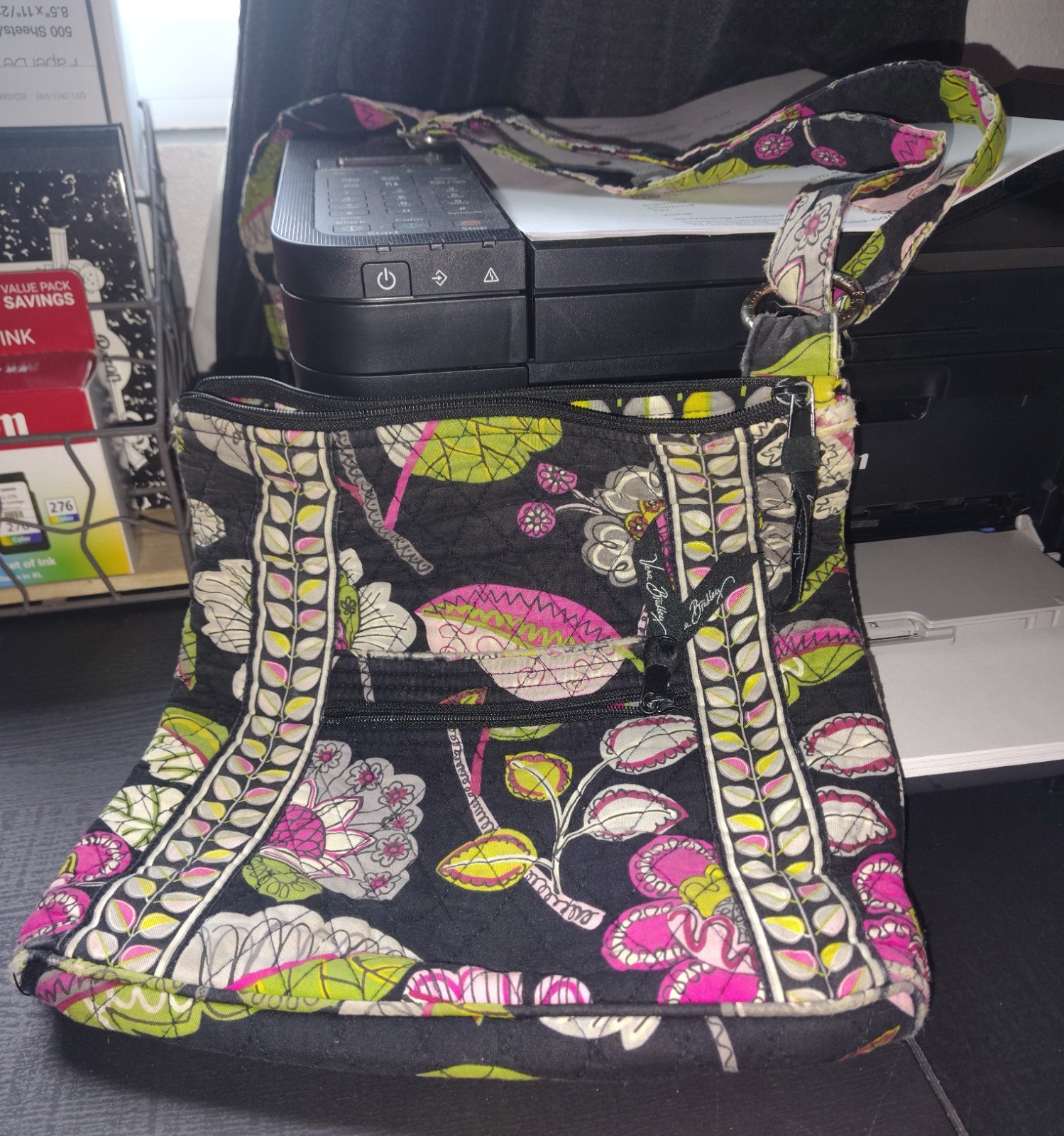 Vera Bradley Moon Blooms Tote Bag Black Pink Floral Quilted Retired Pattern