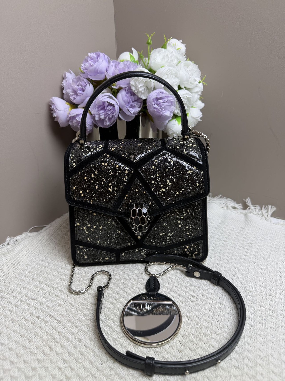 Bvlgari Serpenti Forever Mini Black Glitter Geometric Top Handle Crossbody Bag