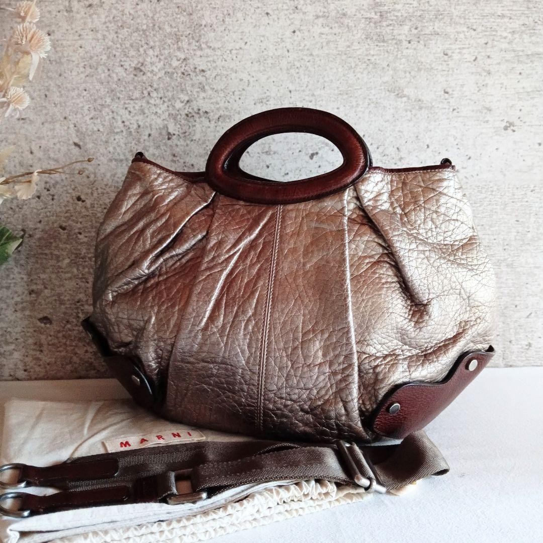 Marni Balloon 2-Way Shoulder Bag Leather Bronze Brown Handbag 15.4×11.8×5.9 in