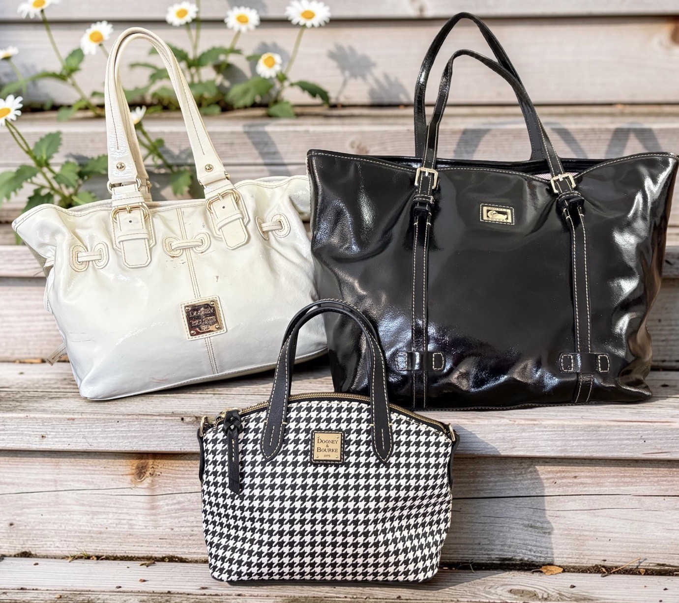 Dooney Bourke Bundle Lot Black White Patent Leather Houndstooth Tote Bags Purses