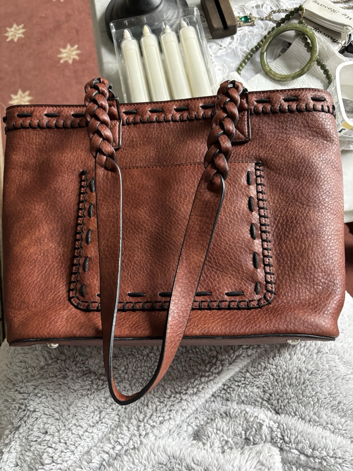 Lady Conceal Brown Braided Handle Tote Bag with Zip Closure & Inner Pockets