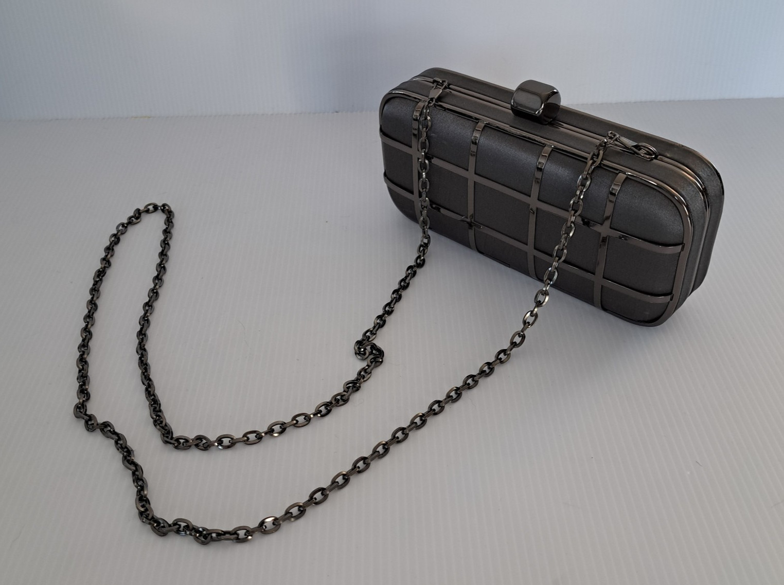 Glint Nordstrom Evening Clutch Bag Gunmetal Silver Metal Cage Grid Box Purse