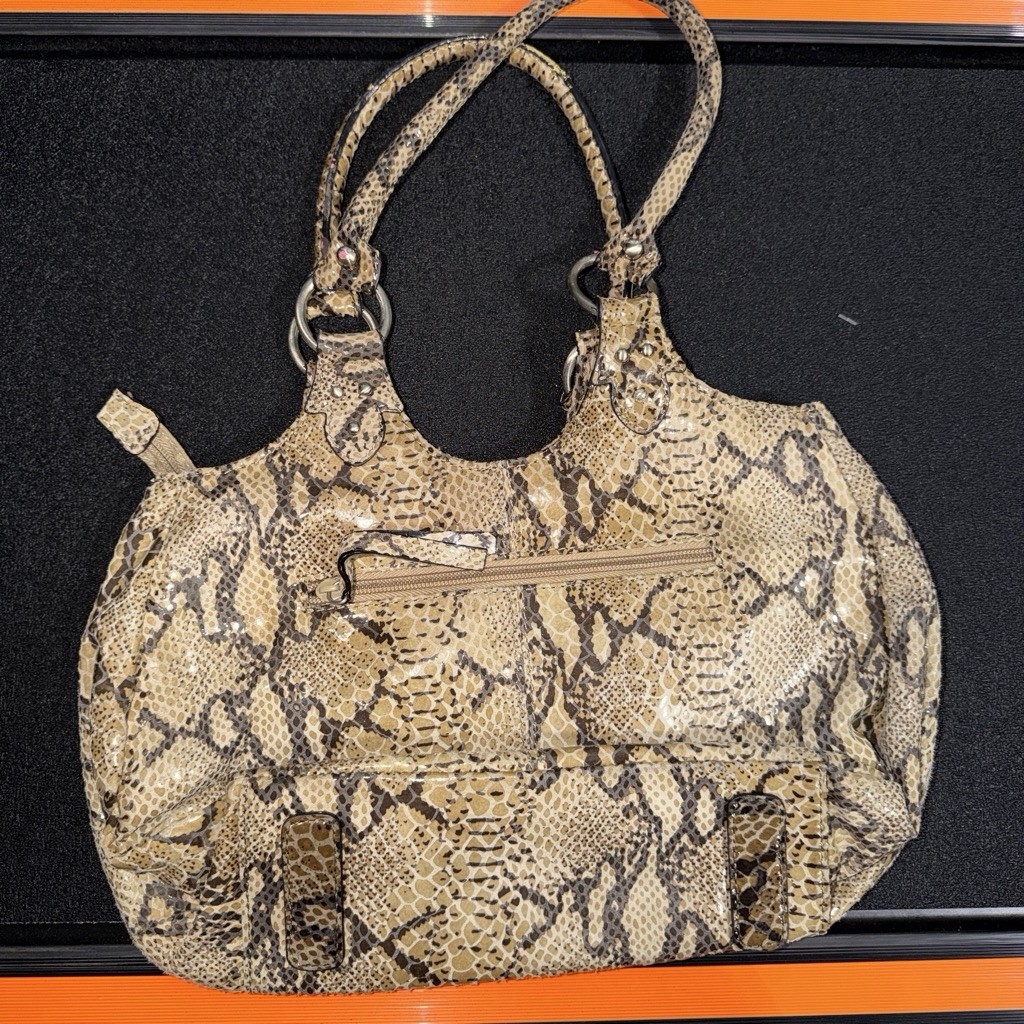 Vintage Y2k Sereta cream and brown snakeskin print leather handbag with studs