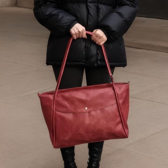 Large Tote Bag for Women Work with Zipper 16L Vegan Leather Ladies Travel Red