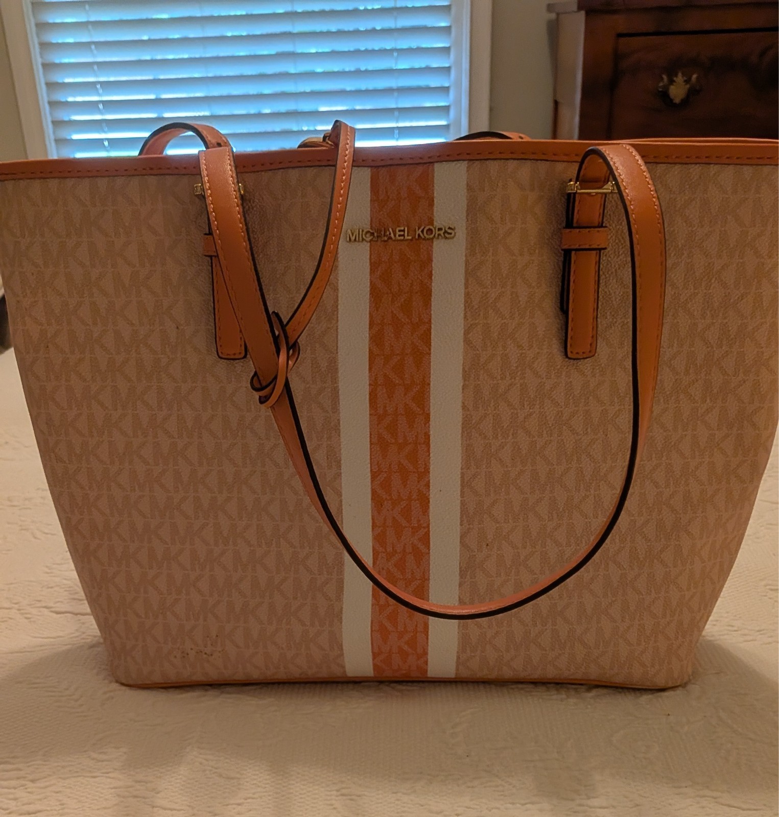 Michael Kors carryall tote bag medium jet set travel purse MK logo sherbert mult