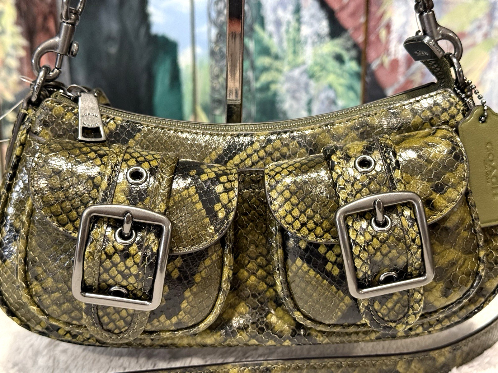 NWT Coach Ashton Snake Print Leather Shoulder Crossbody Bag CCE38 In OLIVE Multi