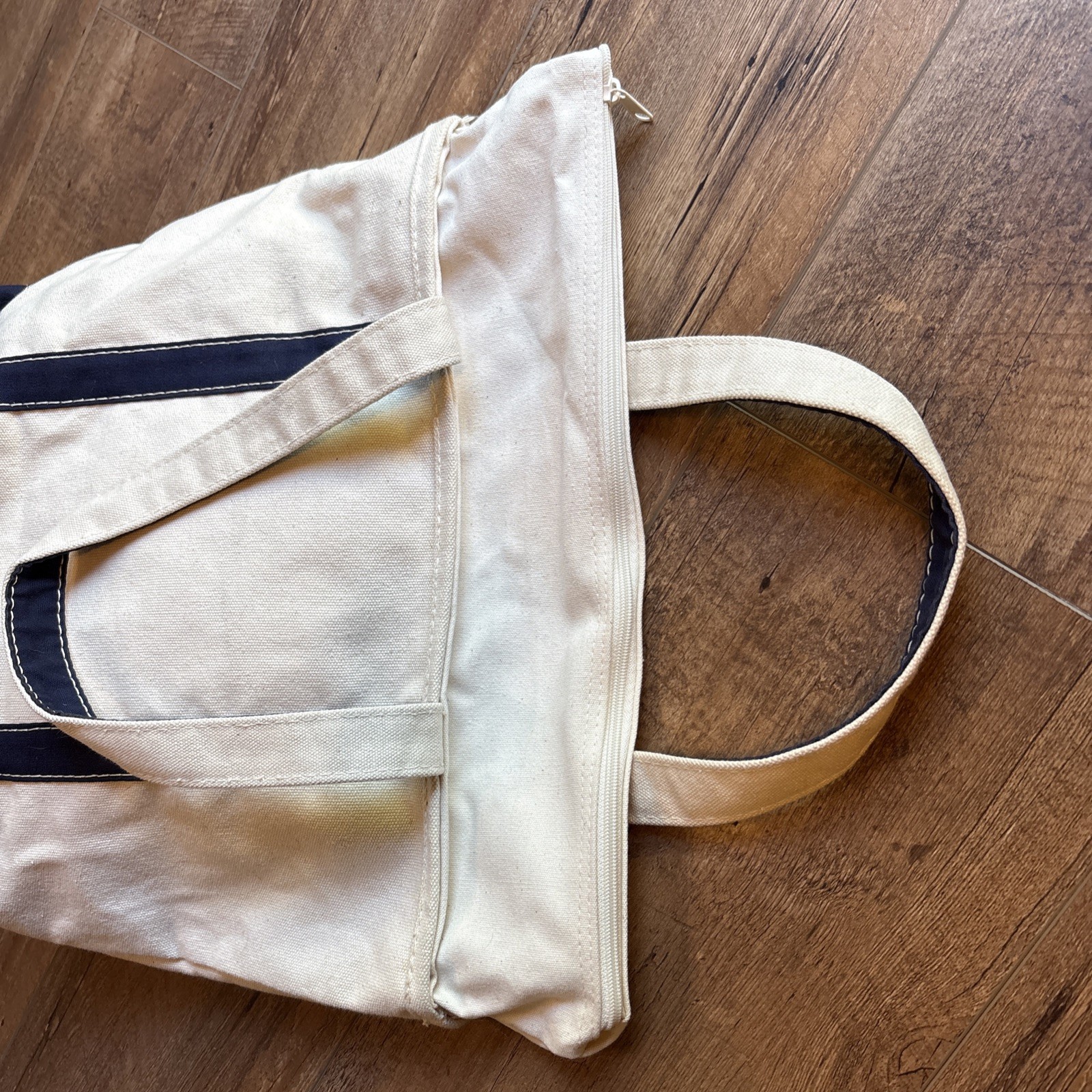 Lands’ End Canvas Tote Bag Large Navy & Cream Cotton Made in USA 18x13x6 inches