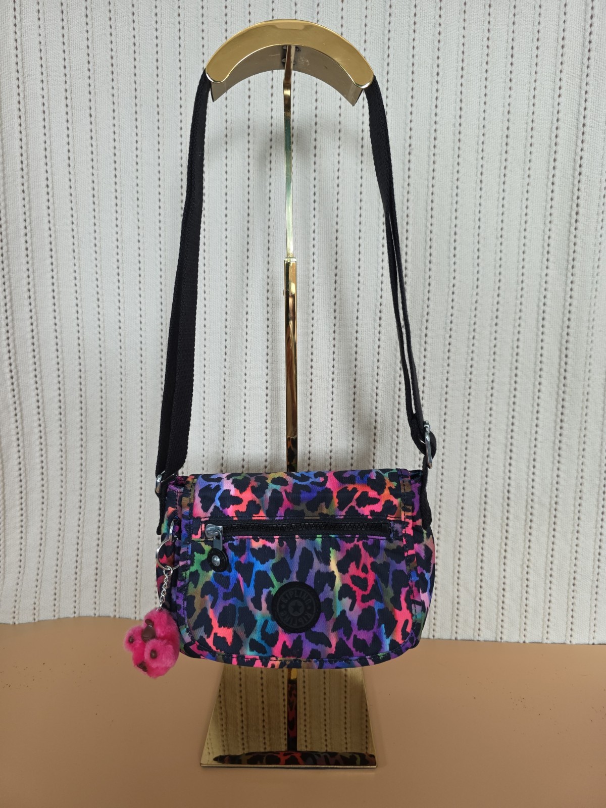 New Kipling Sabian Rainbow Jungle Mini Crossbody Bag with Pink Monkey Charm