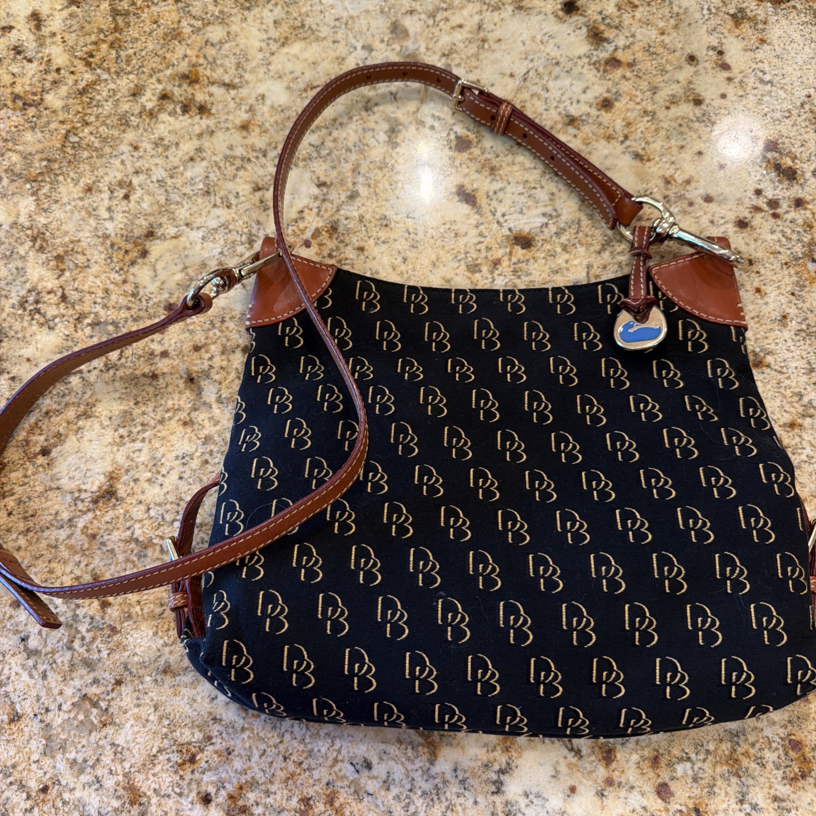 Dooney & Bourke Florentine Medium Black Brown Crossbody Jaquard Canvas Leather