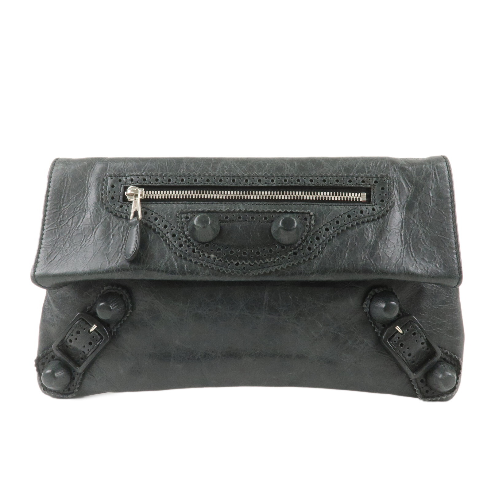 BALENCIAGA Giant Envelope Clutch Bag Dark Gray Leather 204534 Auth Used