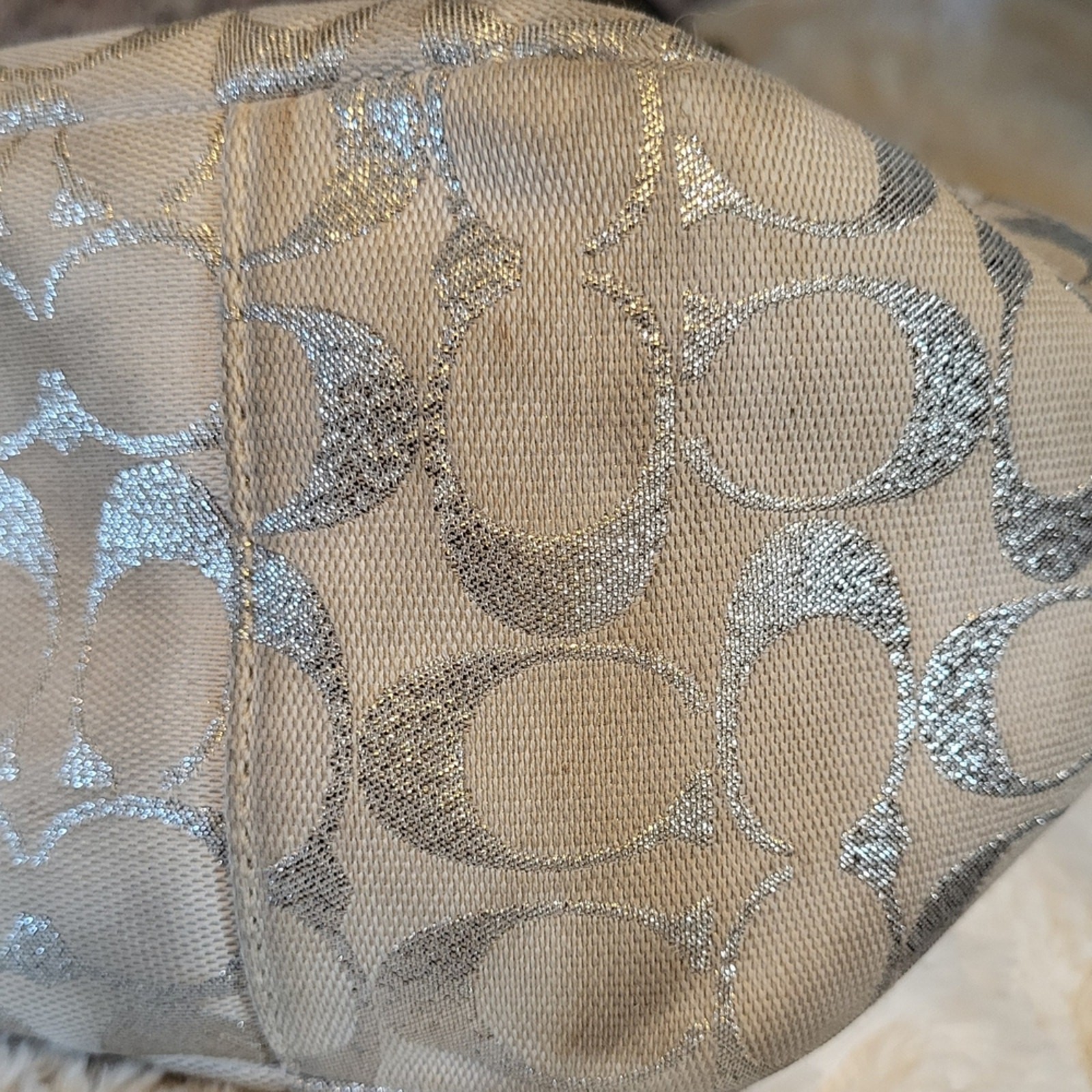 Coach White and Gray with Silver Metallic Signature C Tote Bag Shoulder F17724