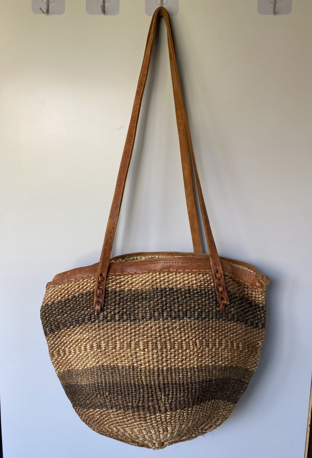 Vintage Handwoven Sisal African Market Bag Woven Straw Basket Tote