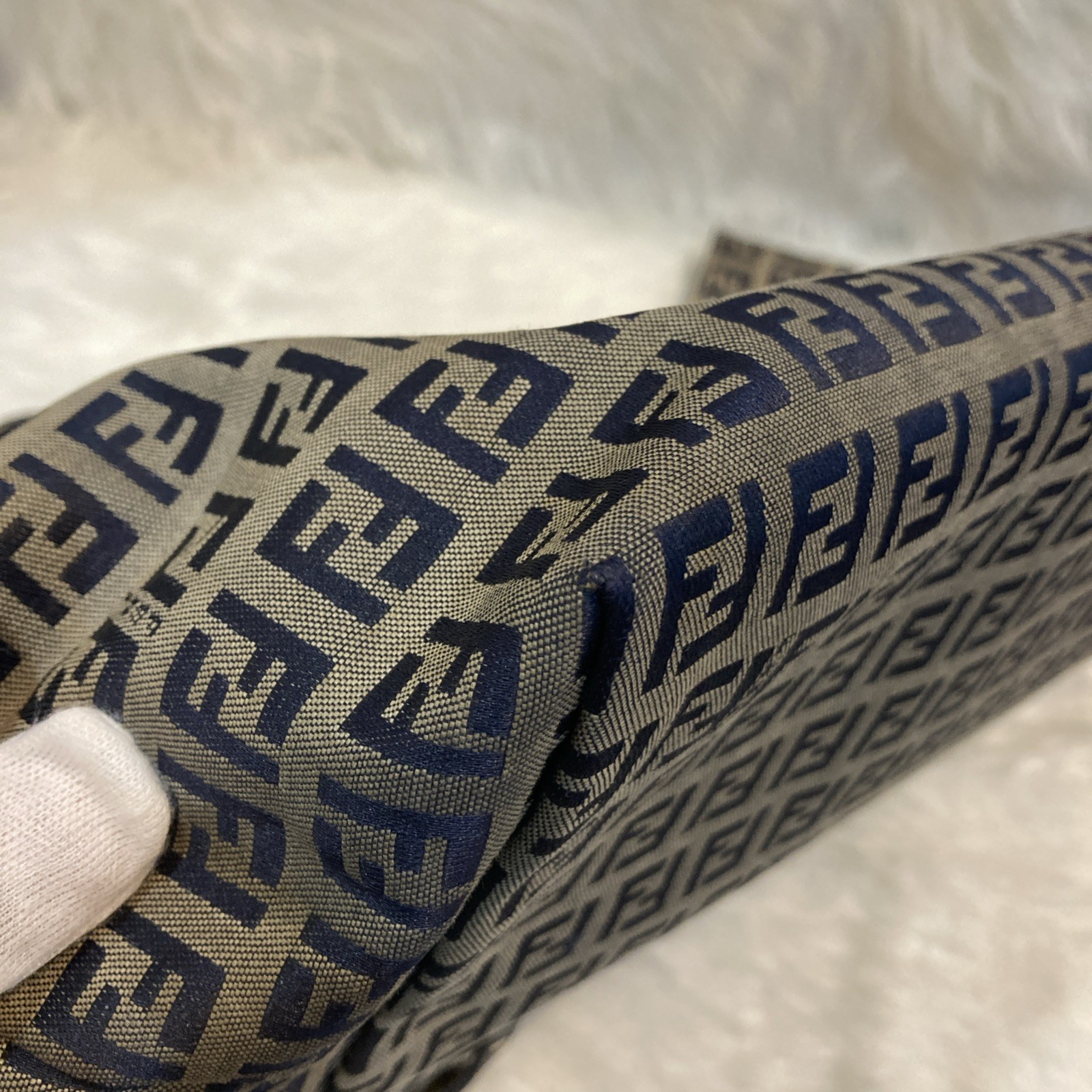 FENDI Zucchino FF Monogram Large Tote Bag Navy Canvas Leather 49cm Vintage