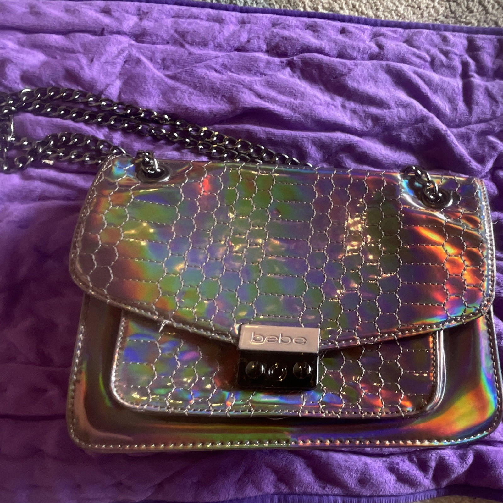 bebe Iridescent Holographic Multicolor Animal Print Small Shoulder Bag Chain